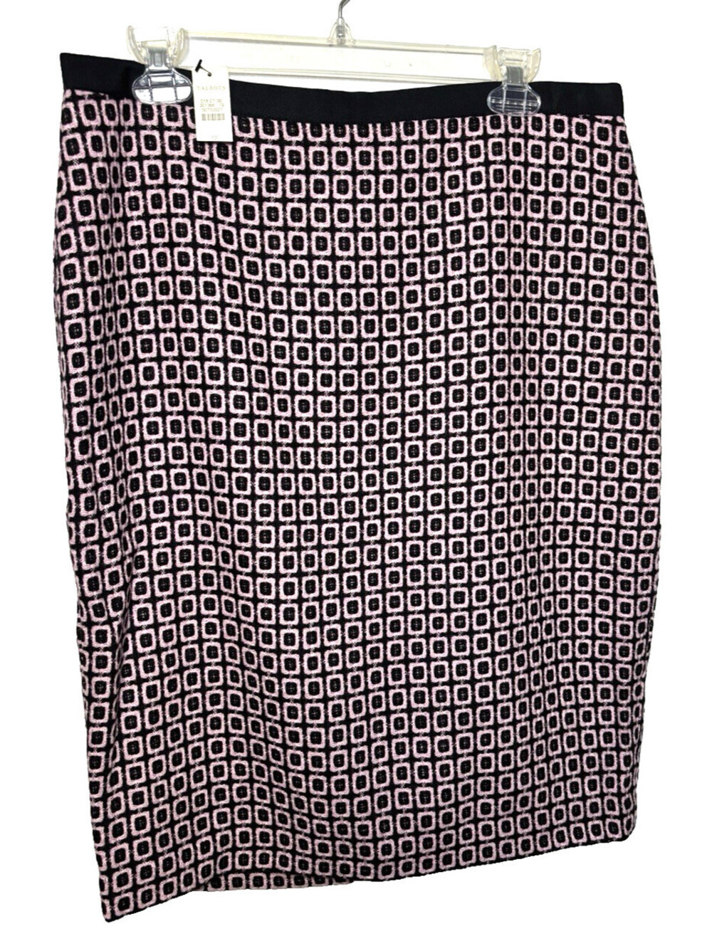 Talbots Womens Black & Pink Square Print Tweed Pencil Knee Length Skirt 12 NWT